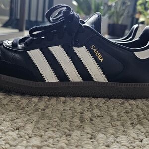 Adidas Samba Black with White Stripes and Gold Lettering